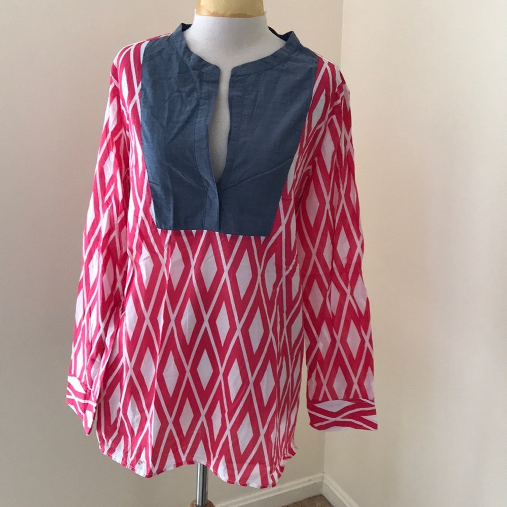 J.Crew factory coral pink chambray multi diamond print large tunic top.